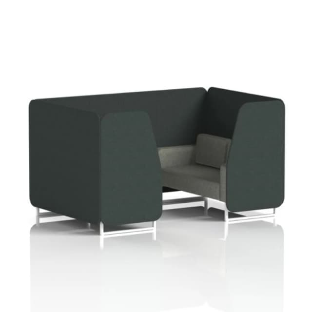 Brixworth 4 Seater Office Booth with Front Panel - White Legs in Rivet Fabric - Charcoal Panels and Vitreous Sofa