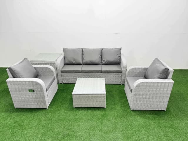 Fimous PE Rattan Garden Furniture Set Reclining Chair Sofa Lounge Sofa Set Square Coffee Table Side Table Light Grey Light Grey