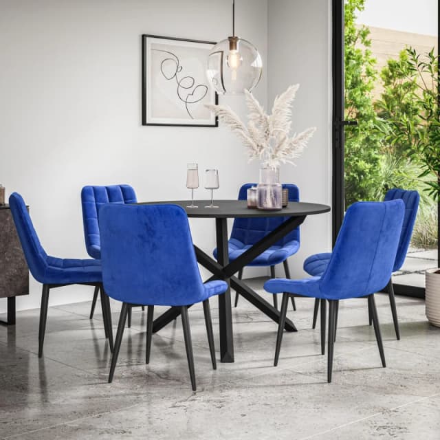 More4Homes Malvern Round Dining Table And Chairs - Black Table Top W Solid Black Oak Legs + Nova Velvet Dining Chair Set Of 6 (Blue)
