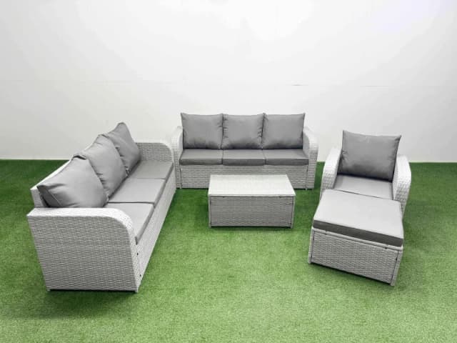 Fimous 8 Seater Poly Rattan Outdoor Garden Furniture Sofa Set Patio 3 Seater Sofa Reclining Chair 3 Seater Sofa Big Footstool Light Grey Light Grey