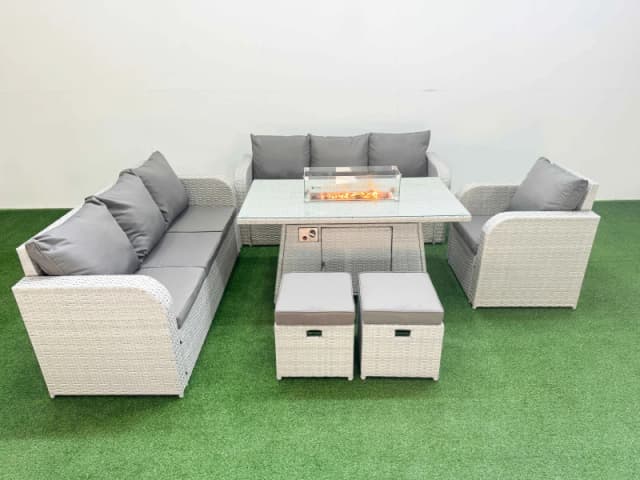 Fimous 9 Seater Poly Rattan Outdoor Garden Furniture Firepit Dining Table Sofa Set Patio 3 Seater Sofa Reclining Chair 3 Seater Sofa Stools Light Grey