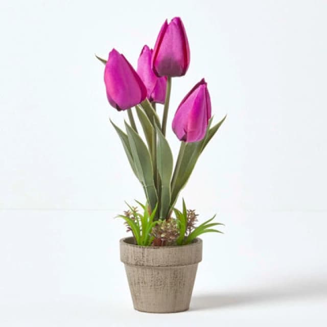 Homescapes Artificial Tulips in Grey Decorative Stone Pot, 27cm Purple