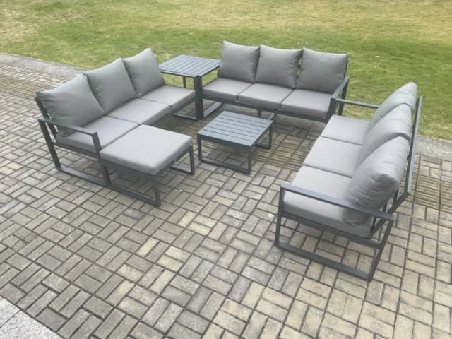 Fimous Aluminium 10 Seater Outdoor Garden Furniture Set Patio Lounge Sofa with Square Coffee Table Side Table Big Footstool Conservatory Set Dark Grey