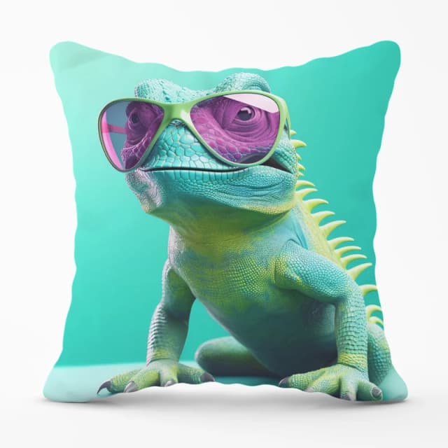 Warren Reed - Designer Happy Splashart Iguana Wearing Glasses Cushions Size: 60cm x 60cm Multicolor Unisex 60cm x 60 cm