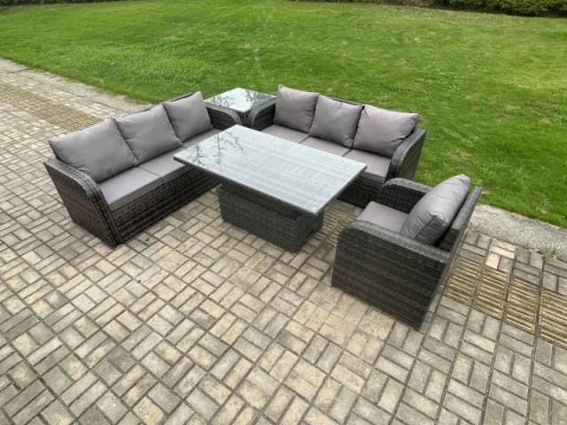 Fimous Outdoor Rattan Garden Furniture Sets Height Adjustable Rising lifting Dining Table Sofa Set with Reclining Chair Side Table Dark Grey