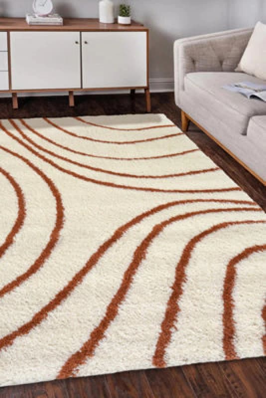 Melrose Shaggy Iso Ivory Patterned Orange Wave Lines Indoor Large Area Rug 160/230Cm