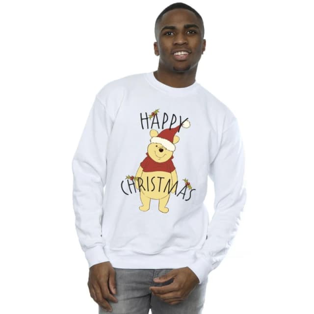 Disney Men Winnie The Pooh Happy Christmas Holly Sweatshirt in White Size: Small White S Male 5063283950245