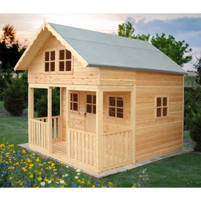 Shires Lodge 8x9 ft Single Door with Three Opening Windows Playhouse in Light Brown Light Brown Unisex