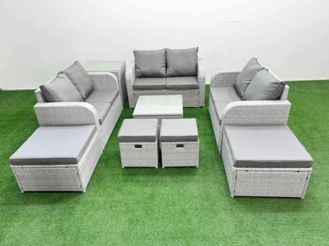 Fimous PE Rattan Love Sofa Set with Coffee Table 4 Footstools Side Table in Light Grey Light Grey Unisex