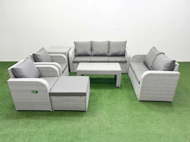 Fimous PE Rattan Garden Furniture Set Adjustable Chair Sofa Double Love Seat 2 Seater Sofa Lounge Set Rectangular Coffee Table Big Footstool Side Tabl