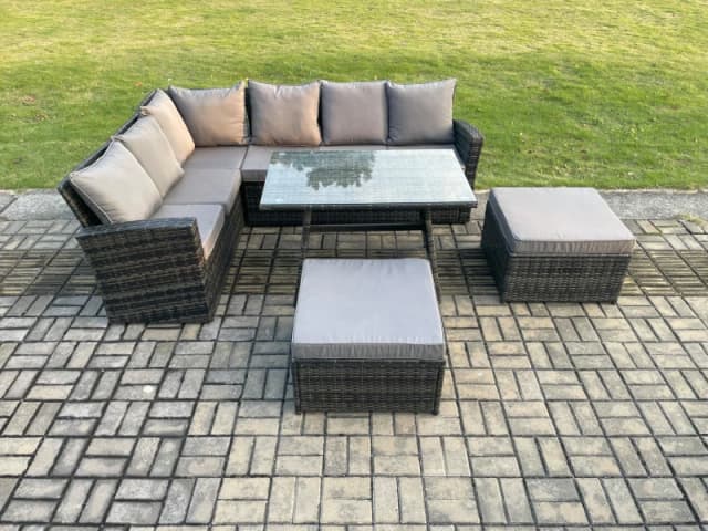 Fimous High Back Outdoor Garden Furniture Set Rattan Corner Sofa Dining Table Set With 2 Big Footstools 8 Seater Dark Grey