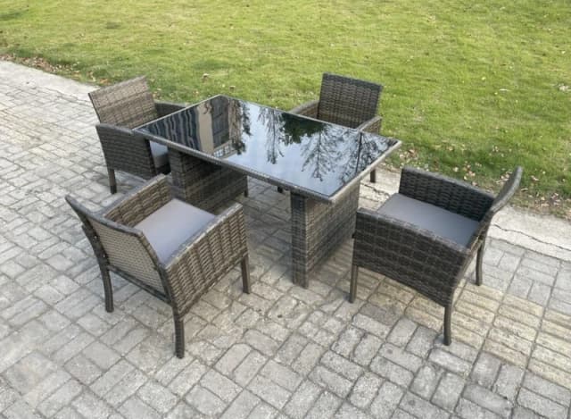 Fimous Wicker PE Outdoor Rattan Garden Furniture Arm Chair & Table Dining Sets 4 Seater Rectangular Table Dark Grey Mixed Dark Grey Unisex