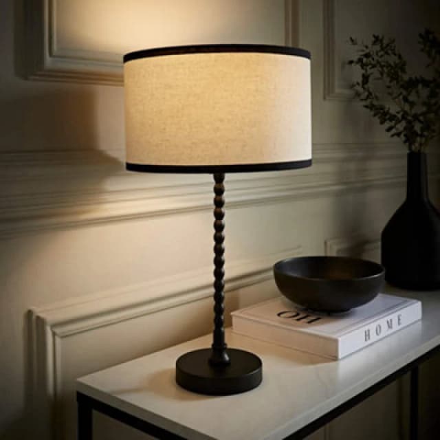 ValueLights ValueLights Maeve Natural Linen Black Trim Drum Shade Matte Black Bobbin Bobble Table Lamp Black One Size Unisex 5059406065460