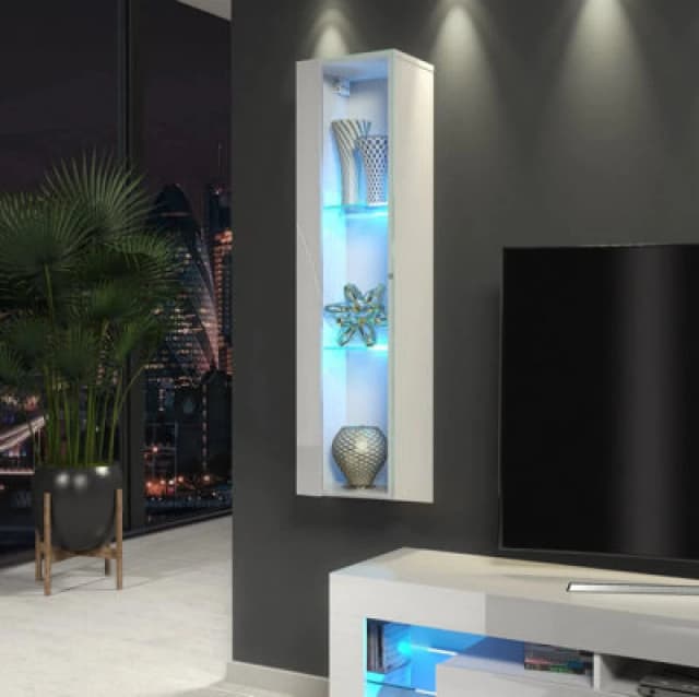 Furneo White Glass Floating Display Cabinet Tall Wall Unit Art 01 Blue LED Lights
