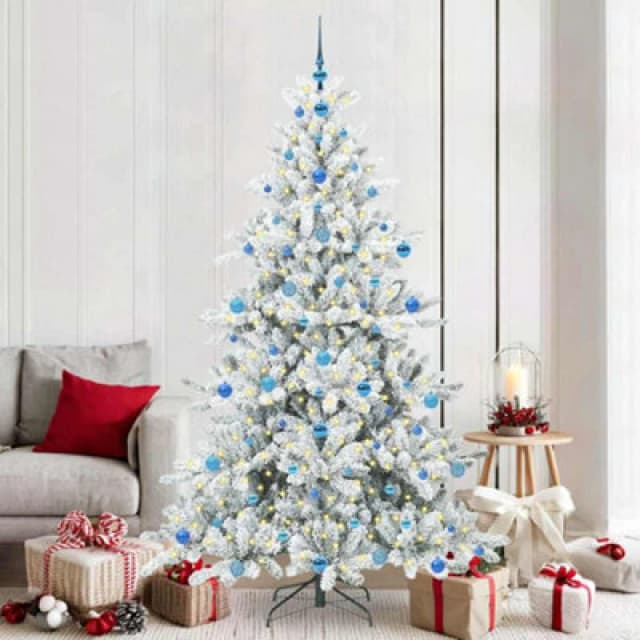 vidaXL Artificial Hinged Christmas Tree with 300 LEDs, Blue Balls Snow Flocked 210cm PVC, Green 3397738