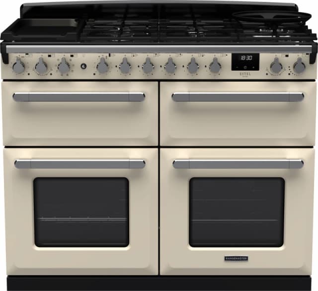 Rangemaster Estel Deluxe ESDLB110DFPPCR/CM1 110cm wide Dual Fuel Range Cooker with Gas Hob - Cream / Chrome - A/A Rated