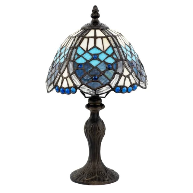 Happy Homewares Handmade Beaded Coloured Stained Glass Tiffany Table Lamp in Blue Size: 8" Blue Unisex 8"