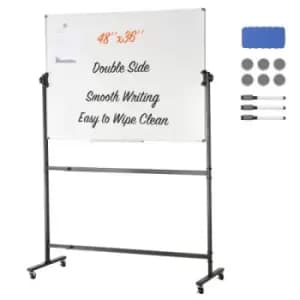 VEVOR Rolling Magnetic Whiteboard, Double-sided Mobile Whiteboard 48x36 Inches, Adjustable Height Dry Erase Board with Wheels, 1 Magnetic Erase & 3 Dr