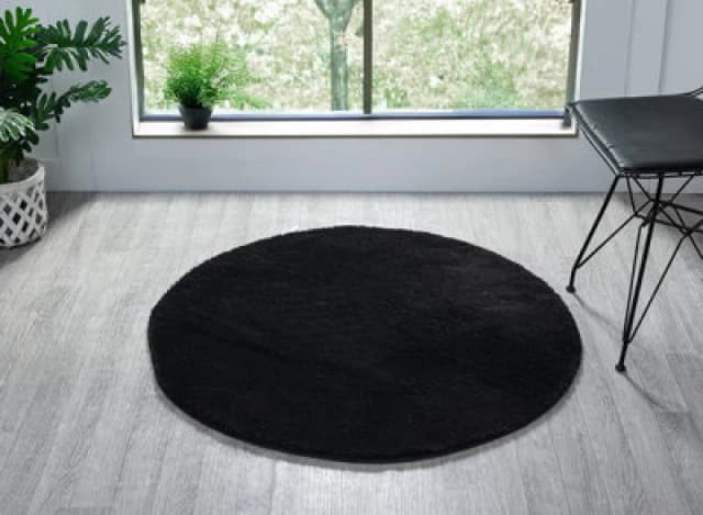 Comfy Washable Low Pile Living Room Area Rug - Anti Slip Felt Backing Black 100Cm Diameter