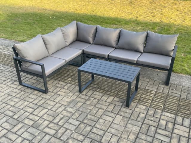 Fimous Aluminium Garden Furniture Set Outdoor Indoor Lounge Corner Sofa Oblong Coffee Table Sets Dark Grey 6 Seater Dark Grey Unisex