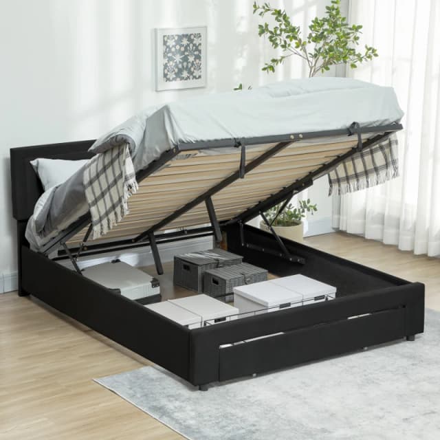 HOMCOM Double Bed Frame with Storage and Adjustable Velvet Headboard, Black 831-804V70BK