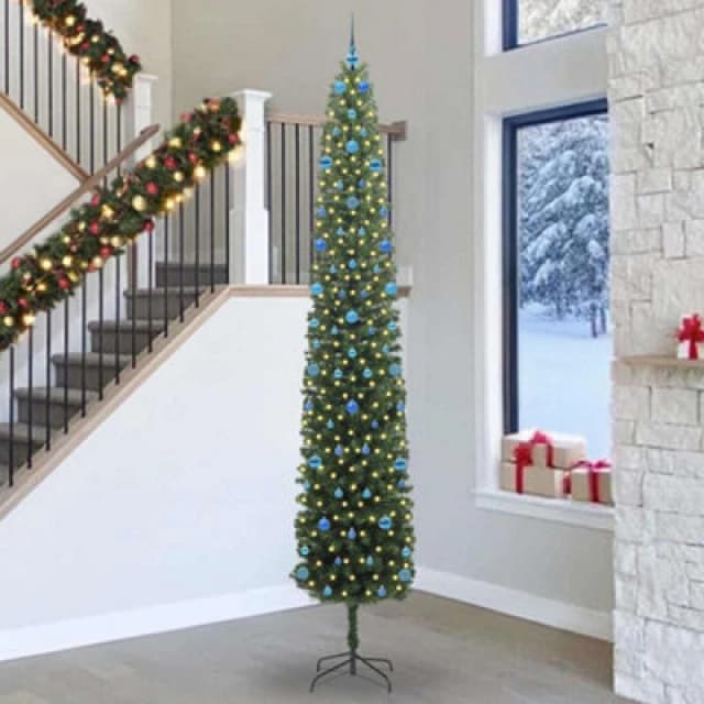 vidaXL Artificial Christmas Tree with 300 LEDs and Blue Balls with Stand Green 300 cm, Green 3394994