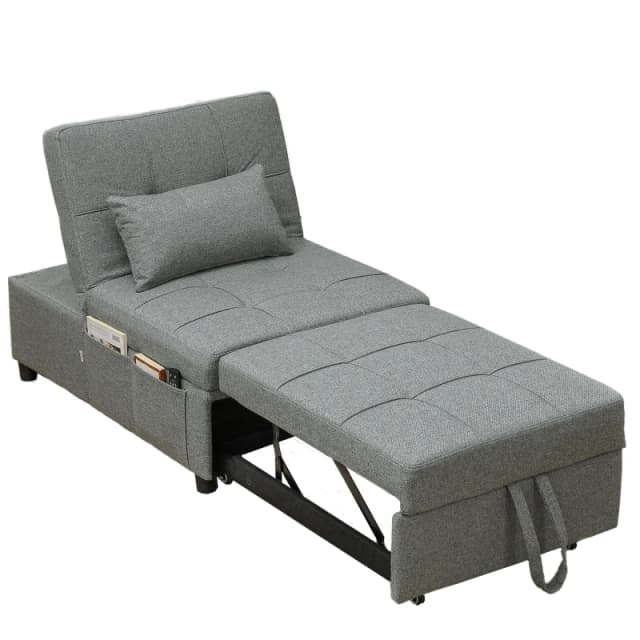 HOMCOM 4-in-1 Pull Out Sleeper Chair Bed with Pockets Light Grey