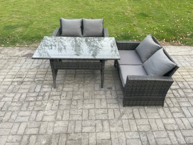 Fimous Dark Grey PE Wicker Rattan Garden Furniture Set Love Sofa Outdoor Rectangular Dining Table Dark Grey Unisex