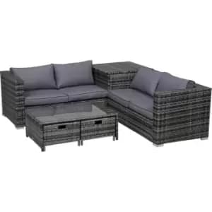 Outsunny - 4 pcs Rattan Furniture Sofa Storage Table Set w/ 2 Drawers Table Grey