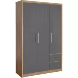 Seconique - Seville Grey Gloss & Oak 3 Door Wardrobe with 2 Drawers