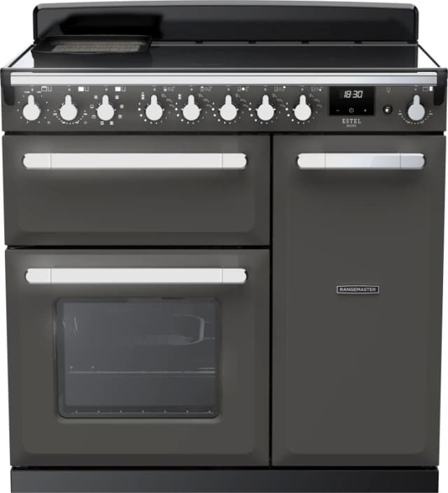 Rangemaster Estel Deluxe ESDL90EIPSLT/CM1 90cm Electric Range Cooker with Induction Hob - Slate / Chrome - A/A Rated