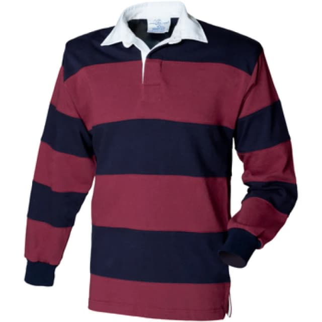 Front Row Mens Sewn Stripe Long Sleeve Sports Rugby Polo Shirt in Burgundy Size: Small Burgundy Male S