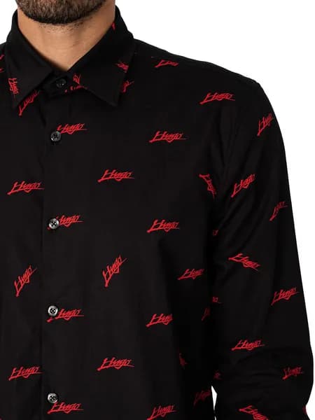 HUGO Ermo Logo Pattern Slim Shirt Black/Red M