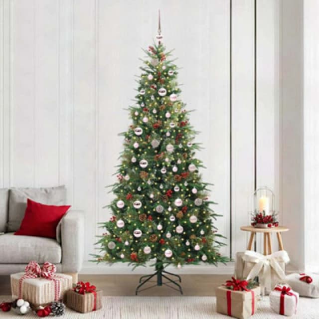 vidaXL Artificial Hinged Christmas Tree with Pink Balls Green 210cm PE and PVC, Green 3397434