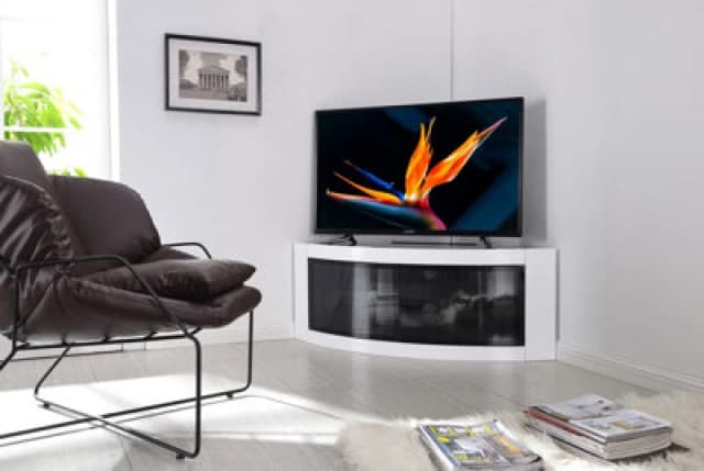 CENTURION SUPPORTS Centurion Supports - pangea Gloss White Beam-Thru Curved Tru-Corner 32'-50' tv Cabinet Pangea Black White Black