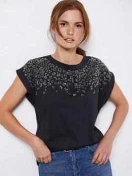 Mint Velvet Studded Leopard T-Shirt - Grey