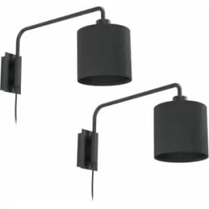 Loops - 2 pack Wall Light Colour Black Shade Black Fabric In Line Switch Bulb E27 1x40W