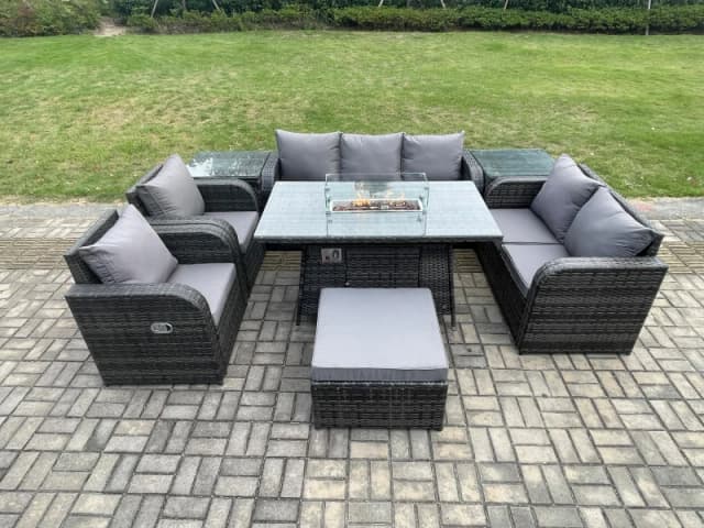 Fimous 8 Seater PE Wicker Outdoor Rattan Garden Furniture Set Propane Gas Fire Pit Table and Sofa Chair set with 2 Side Tables Big Footstool Dark Grey