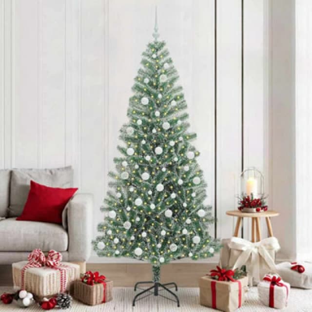 vidaXL Artificial Christmas Tree Snow Flocked with LED Light, White Balls 210 cm, Green 3396827