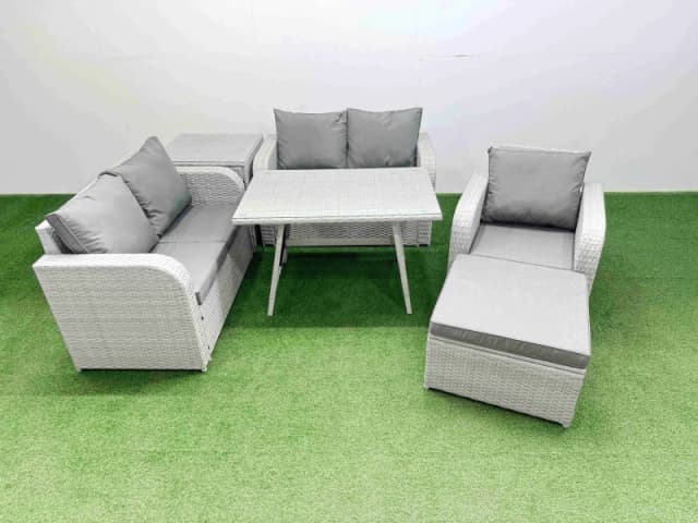 Fimous 6 Seater Outdoor Rattan Garden Furniture Love Sofa Reclining Chair Set in Light Grey Light Grey Unisex