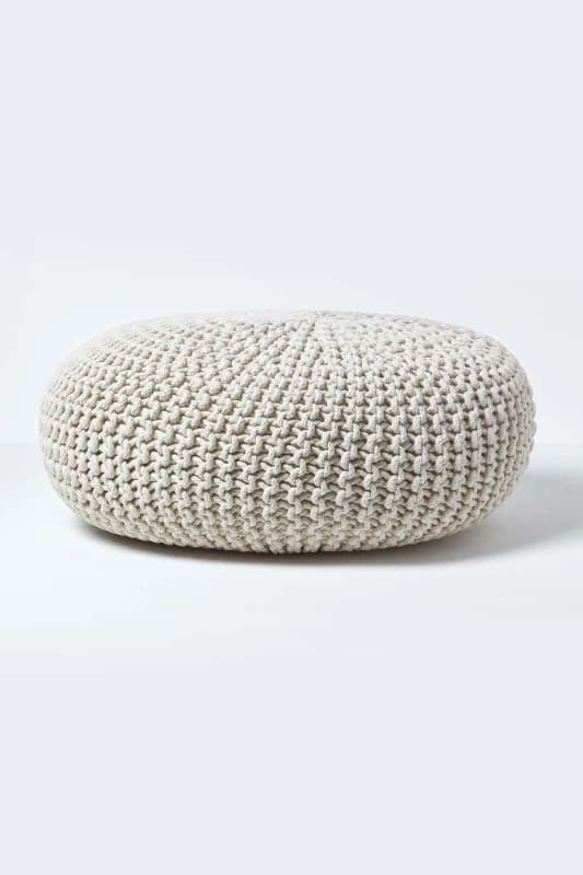 Homescapes Large Round Cotton Knitted Pouffe Footstool Natural