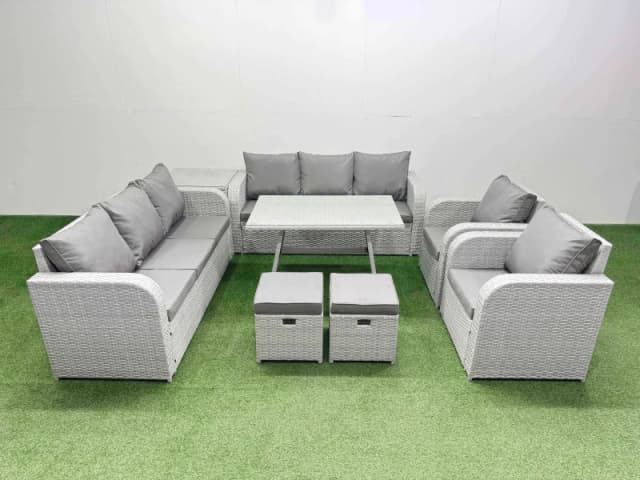 Fimous Rattan High Back Lounge Sofa Set Patio Dining Table & Chairs Set With Side Table 2 Small Stool Light Grey