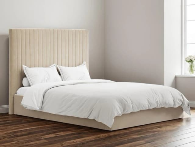 LPD Berlin Tall Beige Velvet Fabric Ottoman Bed Frame - 4ft6 Double