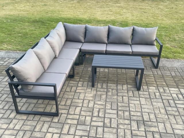 Fimous Aluminium Patio Outdoor Garden Furniture Lounge Corner Sofa Set with Oblong Coffee Table Dark Grey Dark Grey Unisex