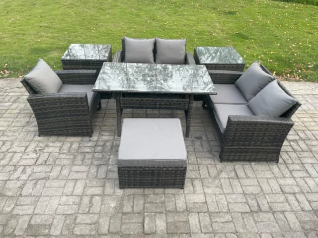 Fimous Wicker Rattan Garden Dining Set Outdoor Furniture Sofa with Dining Table Double Seat Sofa 2 Side Tables Big Footstool Dark Grey Mixed Dark Grey