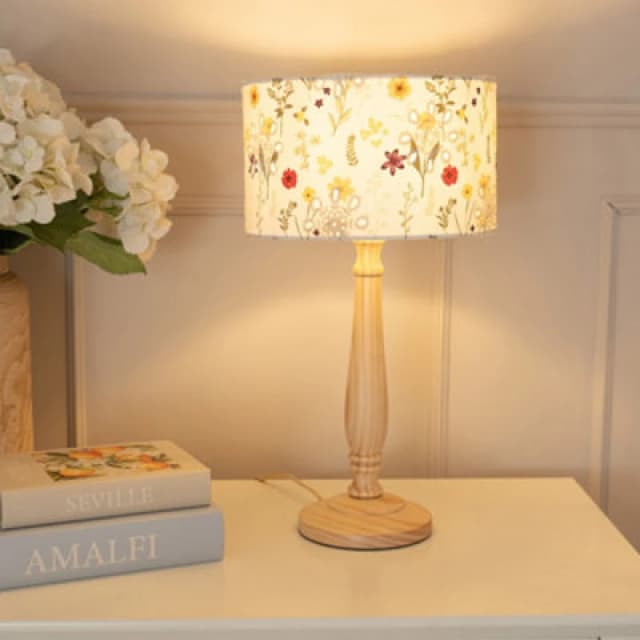 ValueLights Victoria Light Wood Candlestick Table Lamp with Floral Embroidered Shade & Bulb Natural