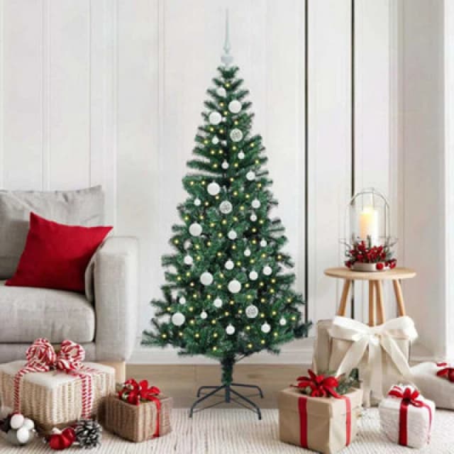 vidaXL Artificial Pre-lit Christmas Tree with White Balls Green 150cm PVC and Metal, Green 3396752