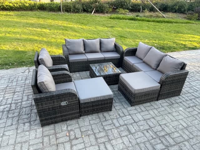 Fimous 10 Seater Outdoor Rattan Garden Furniture Set Conservatory Patio Sofa Coffee Table With 2 Big Footstool Dark Grey Mixed Dark Grey