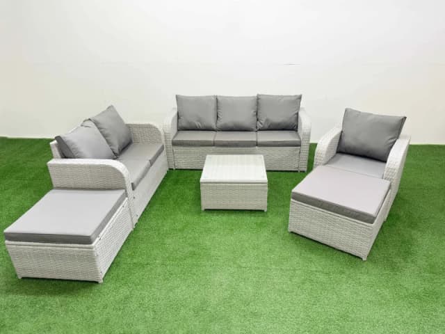 Fimous Patio PE Wicker 8 Seater Outdoor Rattan Furniture Sofa Sets with Reclining Chair Loveseat Sofa 2 Big Footstools Side Table
