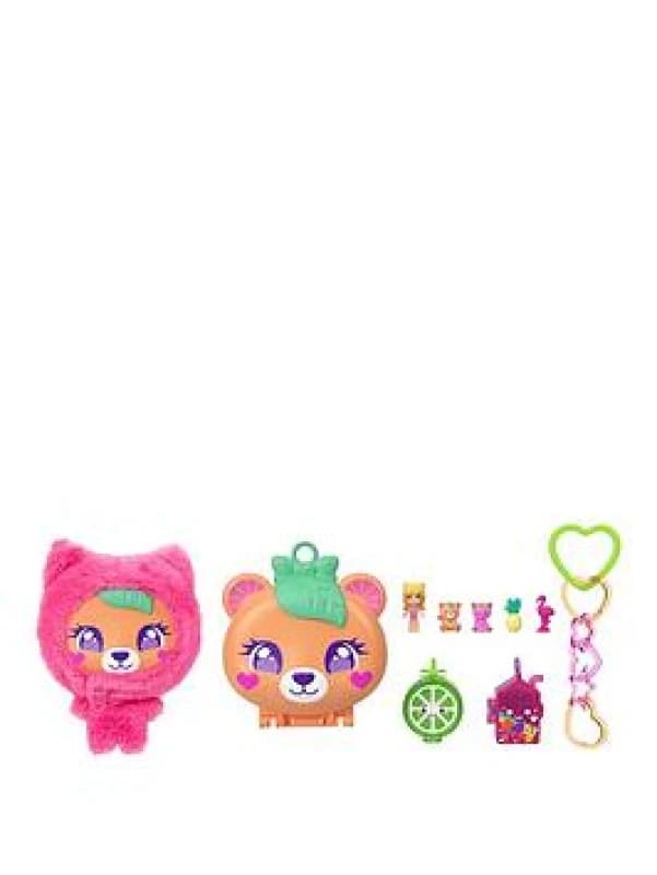 Polly Pocket Doll & Pets Playset Plushie Bear Compact Keychain and Plush with Fruit Theme Accessories and Charms JKC79